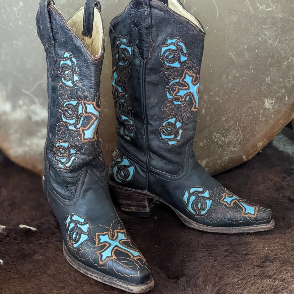 CORRAL R2482 Espresso brown & turquoise inlay crosses & roses cowgirl boots sz 7 - Picture 5 of 16